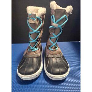 Brown Thermolite Girls 2Y Winter Boots With Faux Fur Lining & Blue Laces